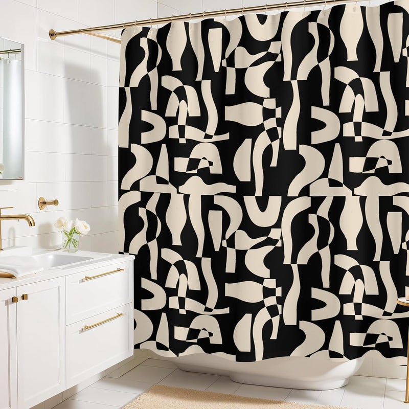 Worthwhile Goods Modern Black and Ivory Geometric Pattern Print Shower Curtain - Abstract Minimalist Pattern - Neutral Design - Trendy Fabric Shower Curtain for Any Bathroom - 72x72 Inches (Geo Black) - Image 1
